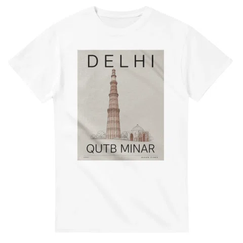 Fine-line engraving-style drawing for Delhi, with a landmark caption and small coordinate text.