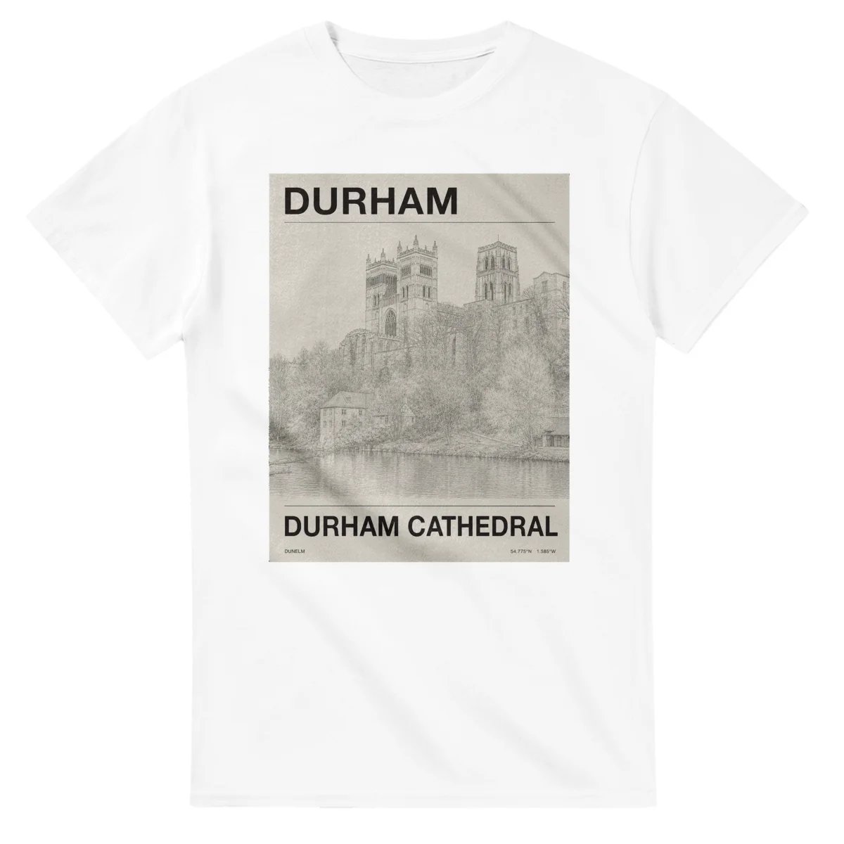 Fine-line engraving-style drawing for Durham, with a landmark caption and small coordinate text.