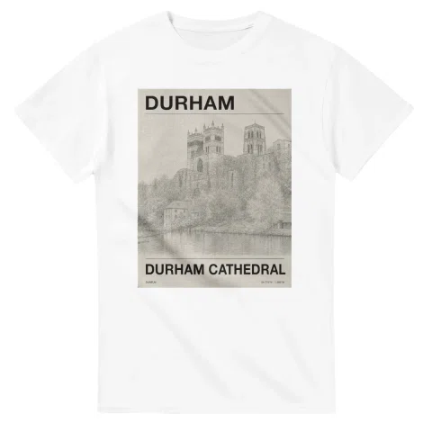 Fine-line engraving-style drawing for Durham, with a landmark caption and small coordinate text.