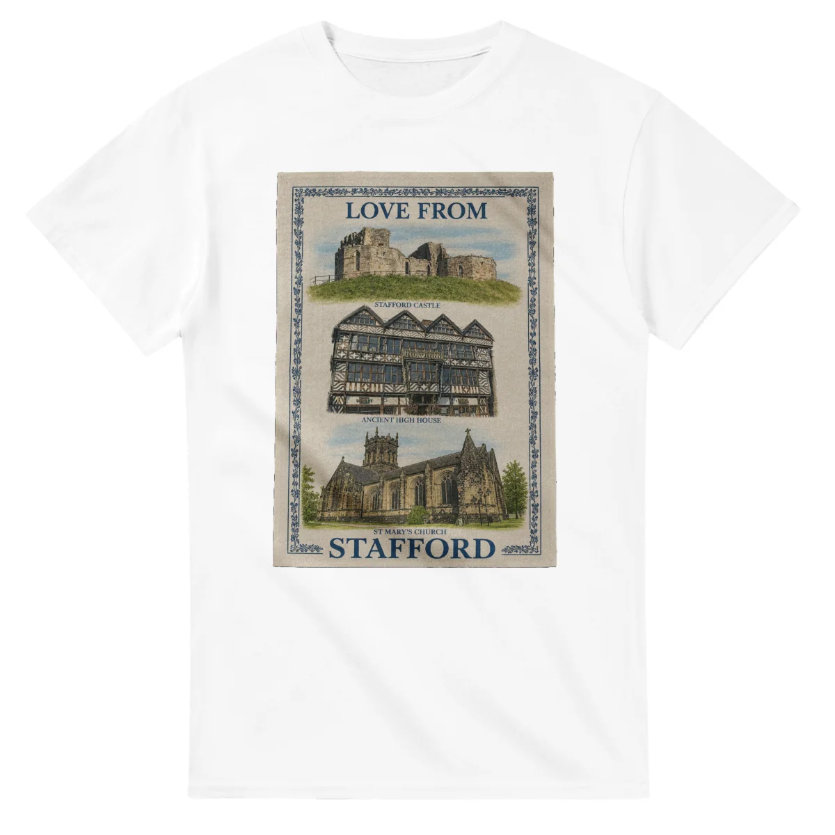 Framed scenic design for Stafford, with several local views, a decorative border and LOVE FROM lettering.