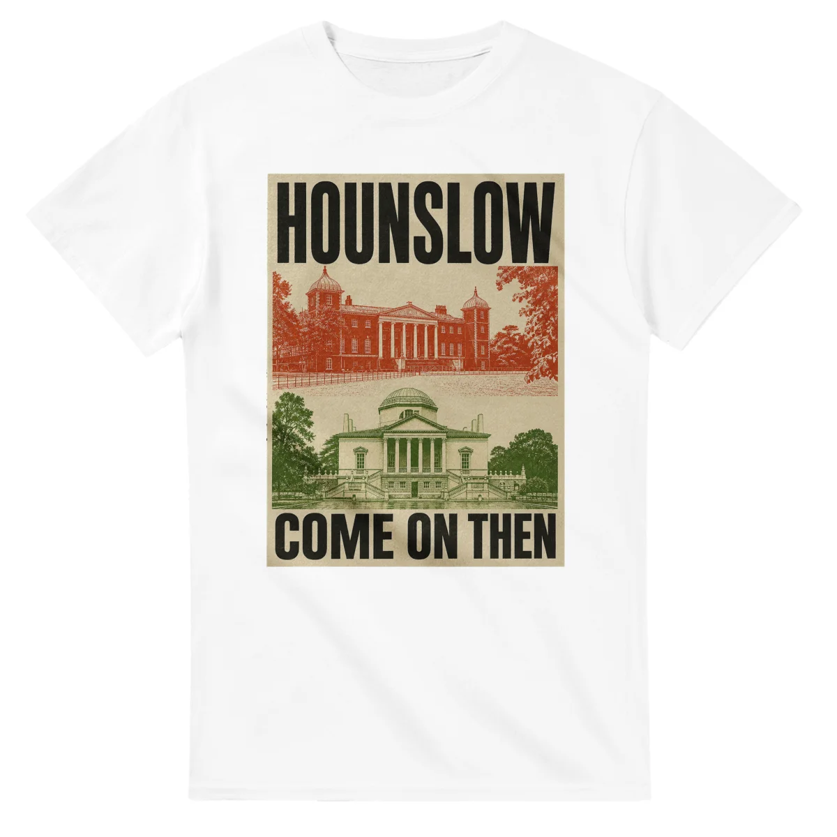 Two-colour scenic illustration for London Borough of Hounslow, with the place name and COME ON THEN lettering.