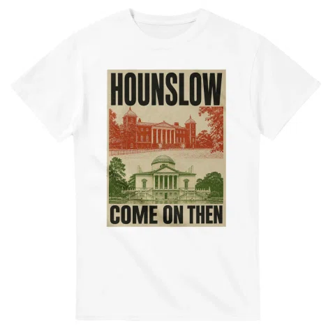 Two-colour scenic illustration for London Borough of Hounslow, with the place name and COME ON THEN lettering.