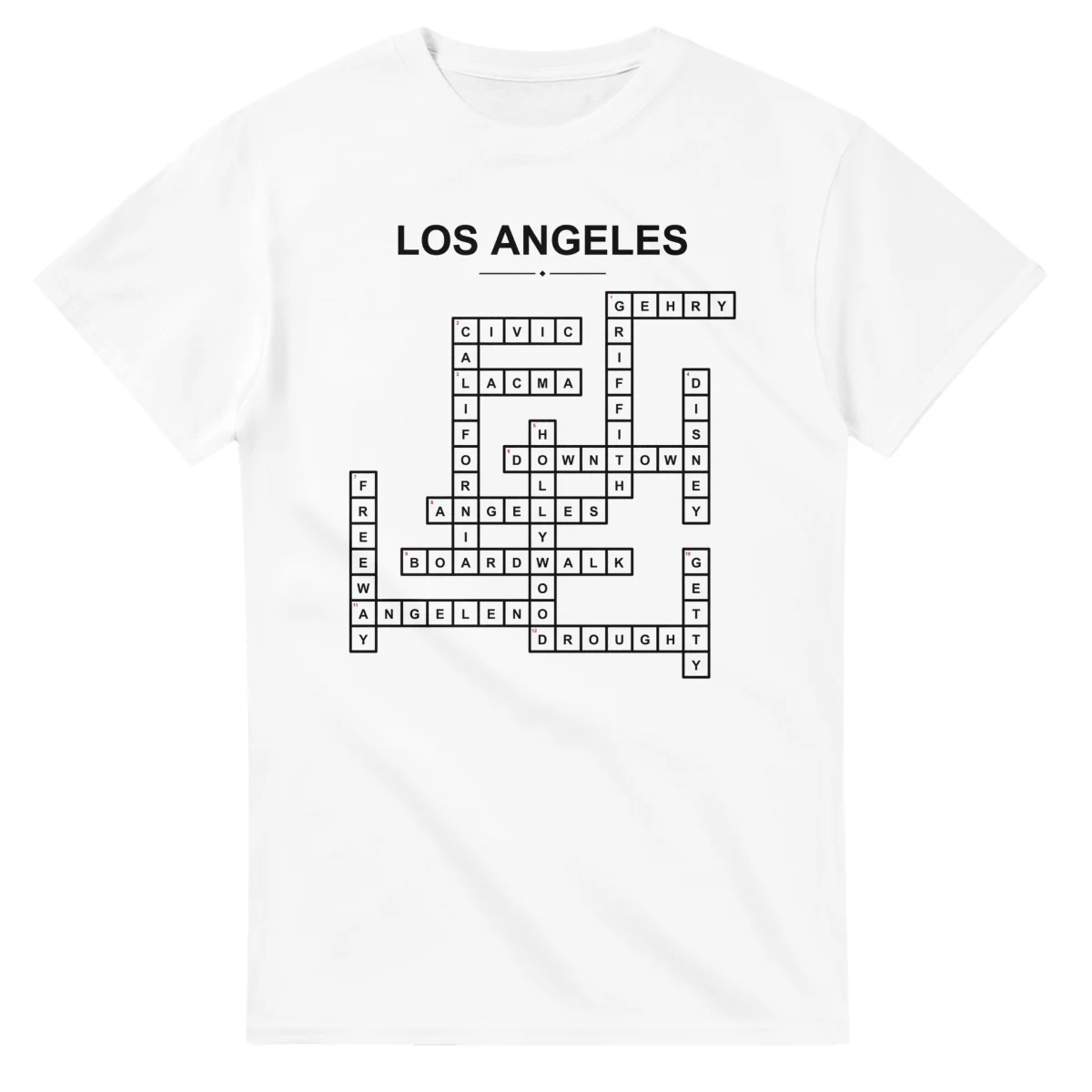 Monochrome crossword sheet for Los Angeles, with a large place-name heading, a letter grid, and numbered across and down clues.