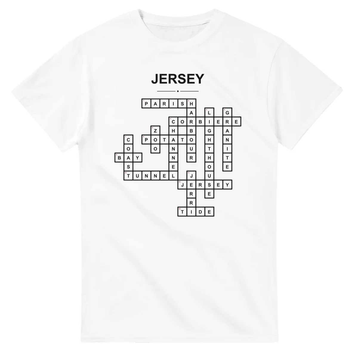 Monochrome crossword sheet for Jersey, with a large place-name heading, a letter grid, and numbered across and down clues.