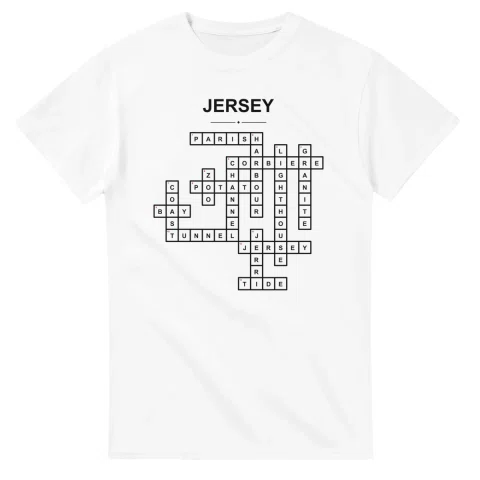 Monochrome crossword sheet for Jersey, with a large place-name heading, a letter grid, and numbered across and down clues.