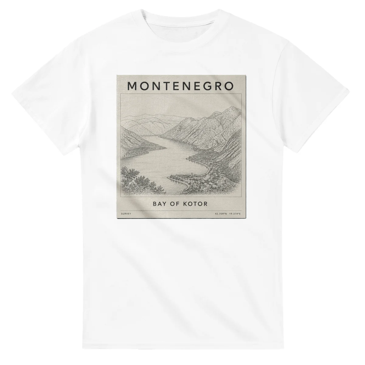 Fine-line engraving-style drawing for Montenegro, with a landmark caption and small coordinate text.