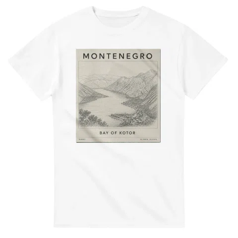 Fine-line engraving-style drawing for Montenegro, with a landmark caption and small coordinate text.