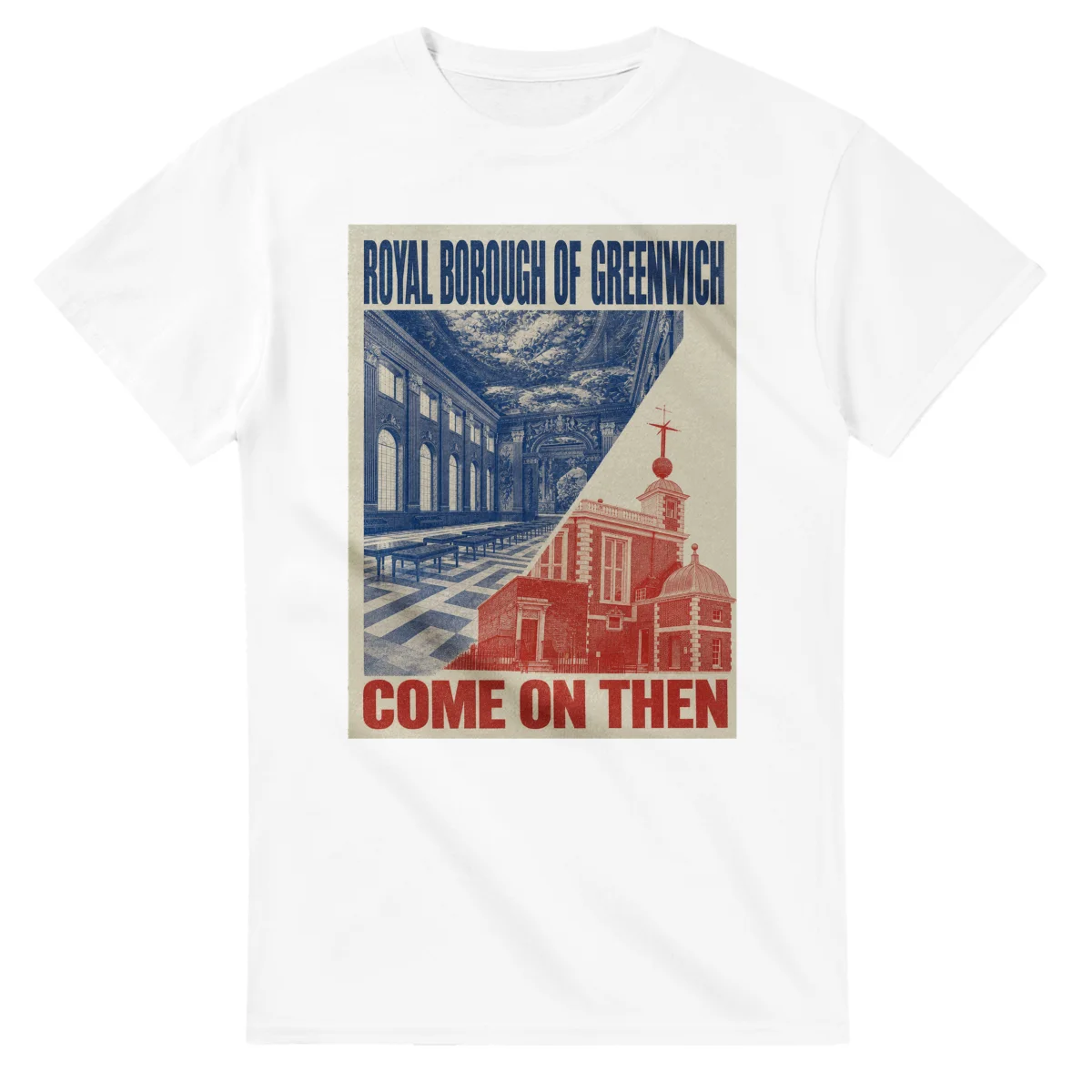Two-colour scenic illustration for Royal Borough of Greenwich, with the place name and COME ON THEN lettering.