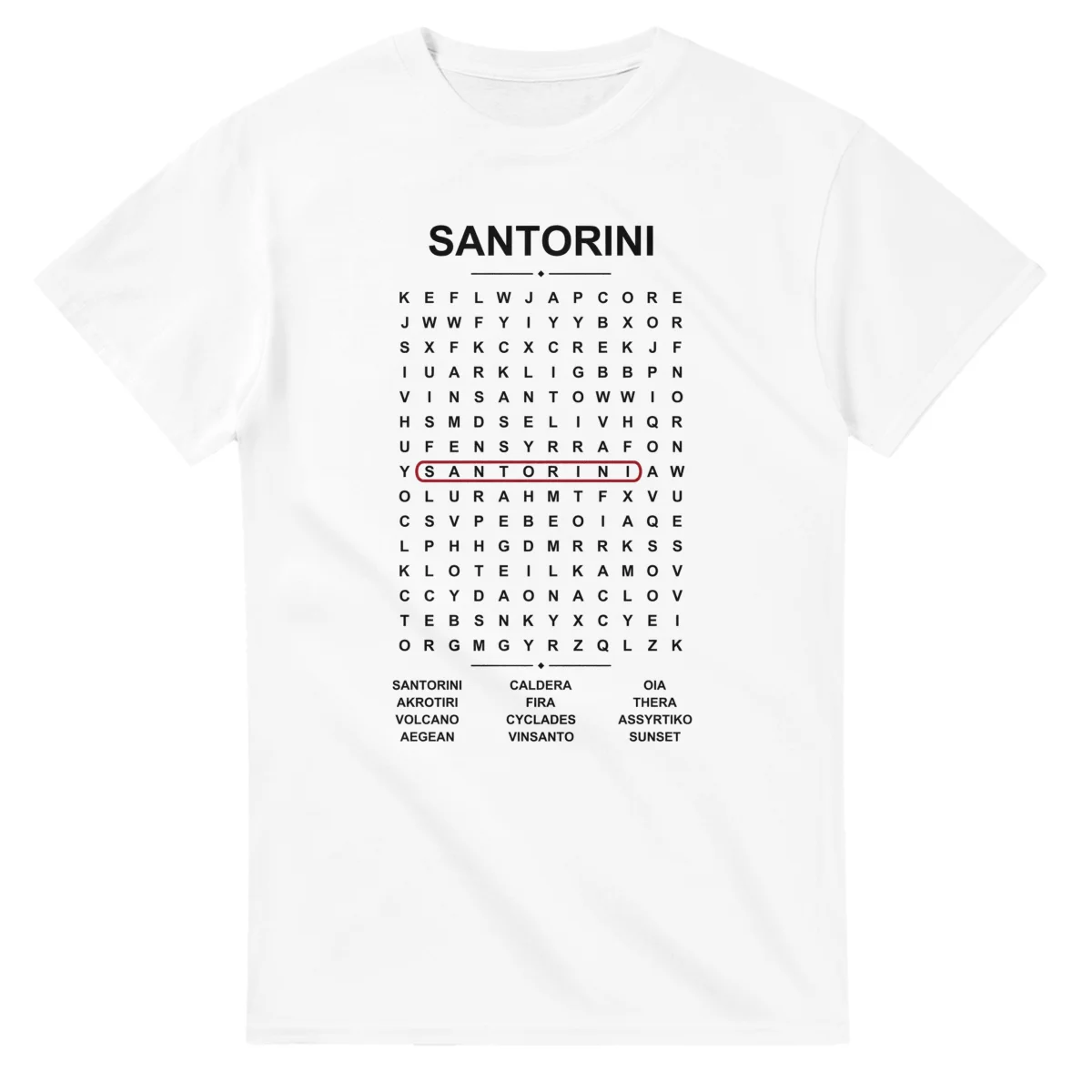 Word-search sheet for Santorini, with a large place-name heading, a letter grid, a local answer list, and a red highlighted example word.
