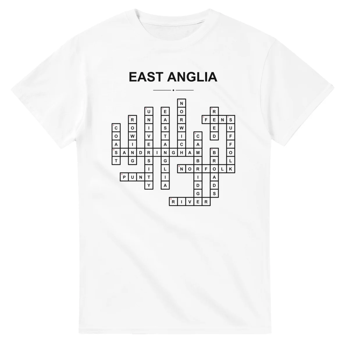 Monochrome crossword sheet for East Anglia, with a large place-name heading, a letter grid, and numbered across and down clues.