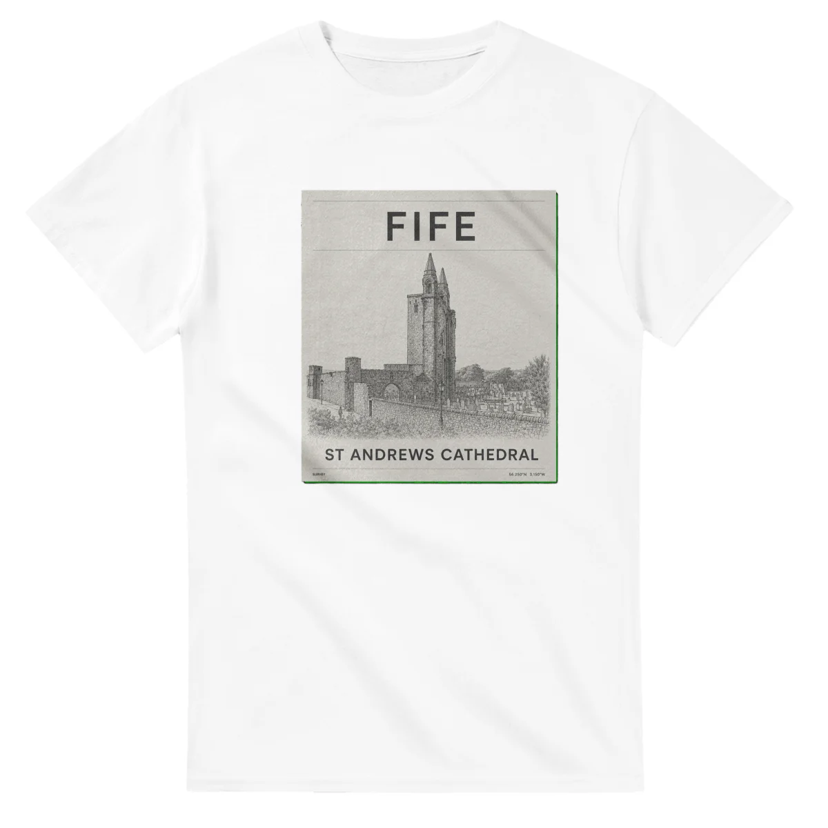 Fine-line scenic drawing for Fife with “ST ANDREWS CATHEDRAL” caption and small coordinate text.