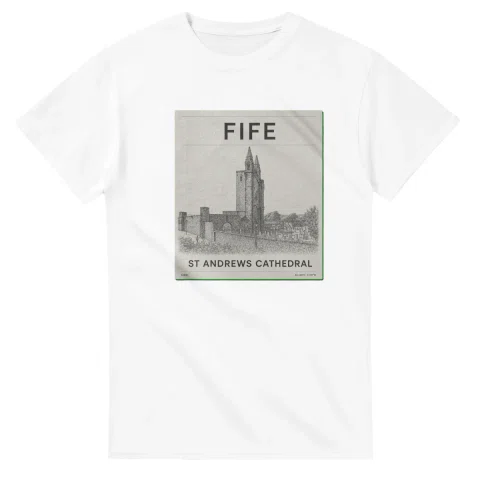 Fine-line scenic drawing for Fife with “ST ANDREWS CATHEDRAL” caption and small coordinate text.