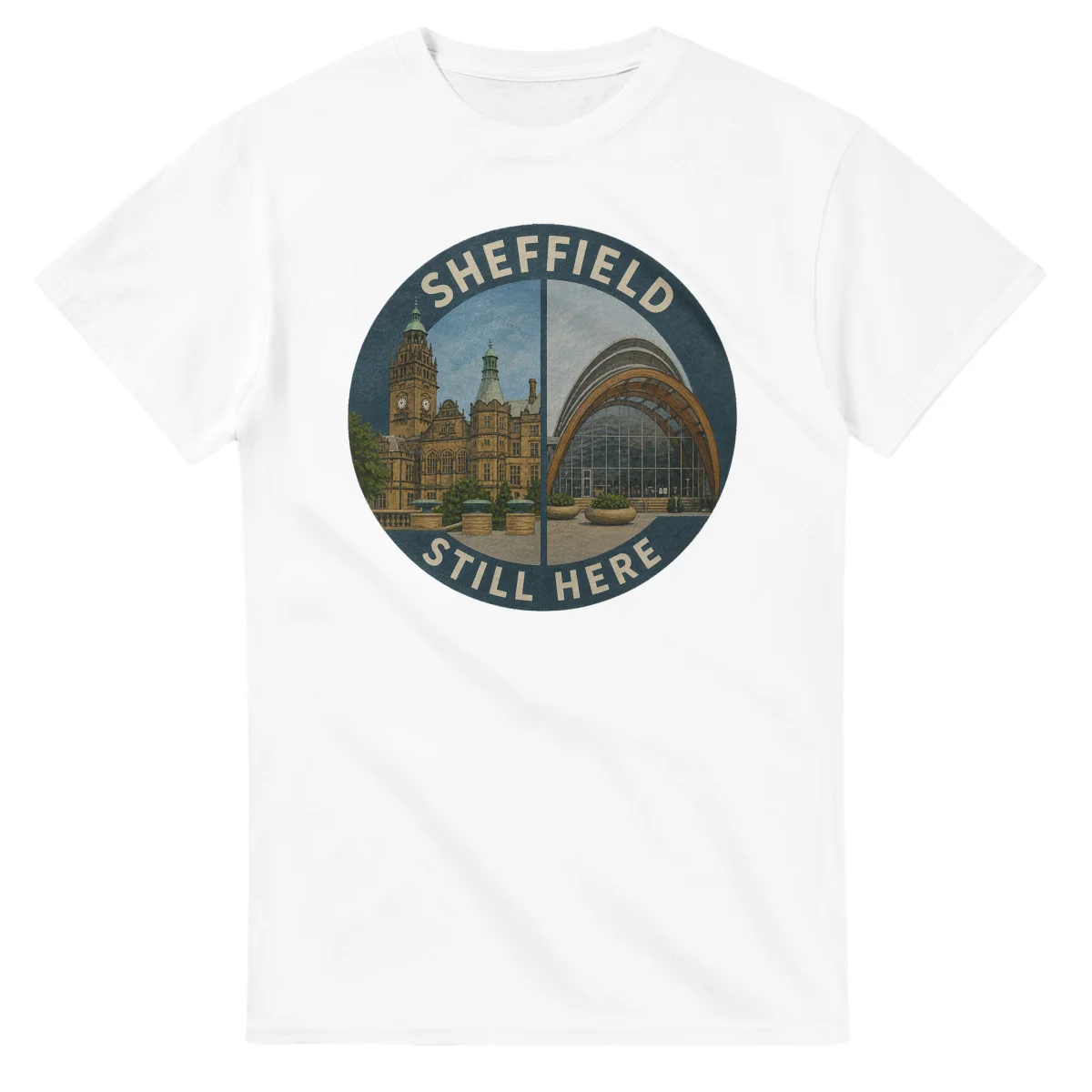 Painted, panelled scenic illustration for Sheffield, with paired local scenes and the place name in lettering.