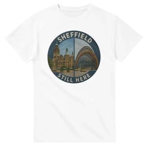 Painted, panelled scenic illustration for Sheffield, with paired local scenes and the place name in lettering.