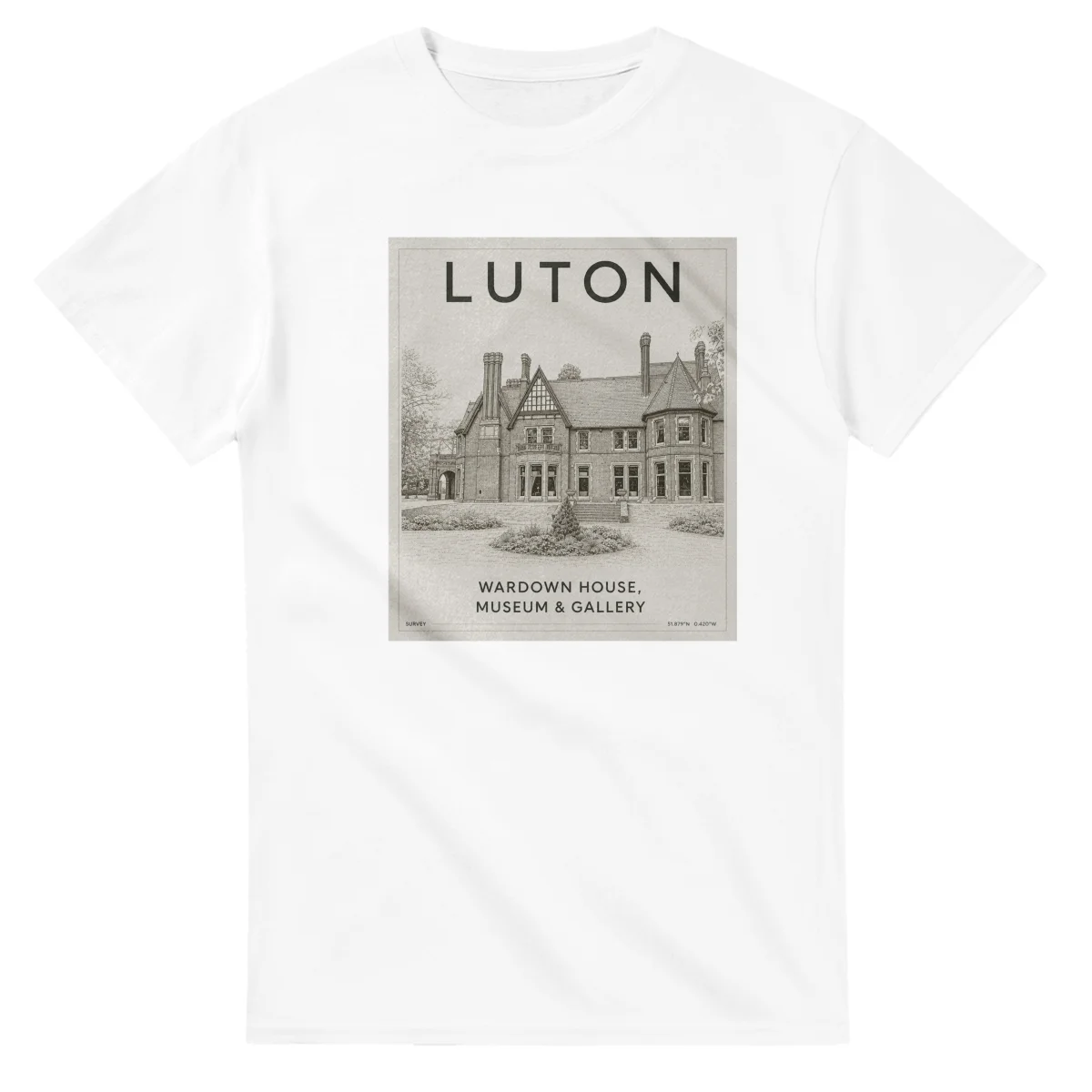 Fine-line engraving-style drawing for Luton, with a landmark caption and small coordinate text.