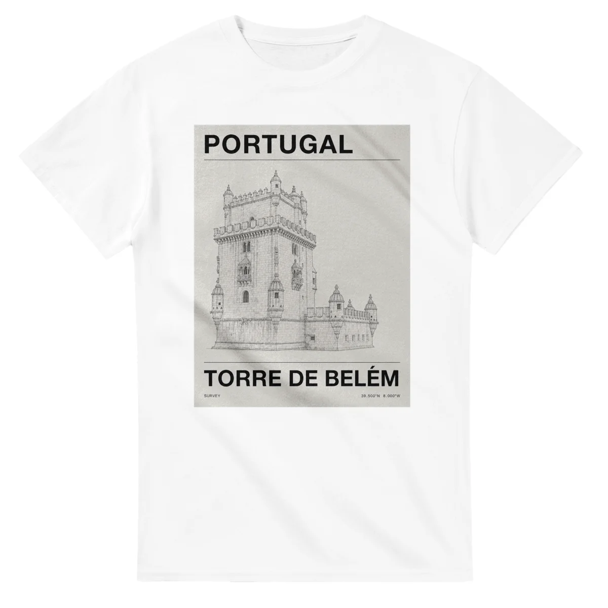 Fine-line engraving-style drawing for Portugal, with a landmark caption and small coordinate text.