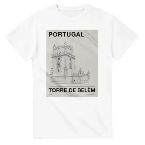 Fine-line engraving-style drawing for Portugal, with a landmark caption and small coordinate text.