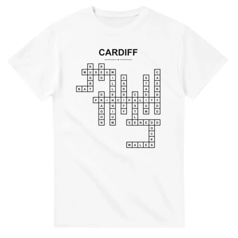 Monochrome crossword sheet for Cardiff, with a large place-name heading, a letter grid, and numbered across and down clues.