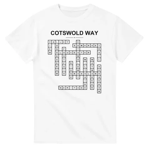 Monochrome crossword sheet for Cotswold Way, with a large place-name heading, a letter grid, and numbered across and down clues.