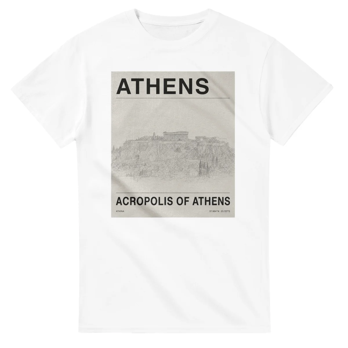 Fine-line engraving-style drawing for Athens, with a landmark caption and small coordinate text.