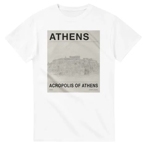 Fine-line engraving-style drawing for Athens, with a landmark caption and small coordinate text.