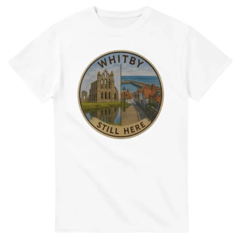 Painted, panelled scenic illustration for Whitby, with paired local scenes and the place name in lettering.