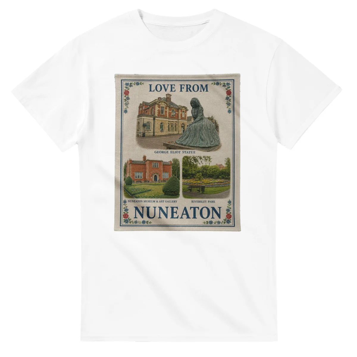 Framed scenic design for Nuneaton, with several local views, a decorative border and LOVE FROM lettering.