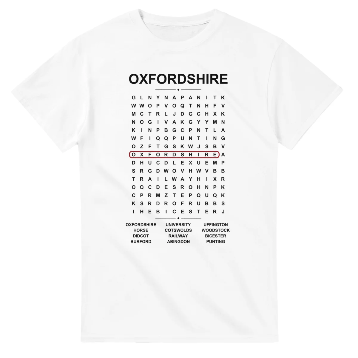 Word-search sheet for Oxfordshire, with a large place-name heading, a letter grid, a local answer list, and a red highlighted example word.