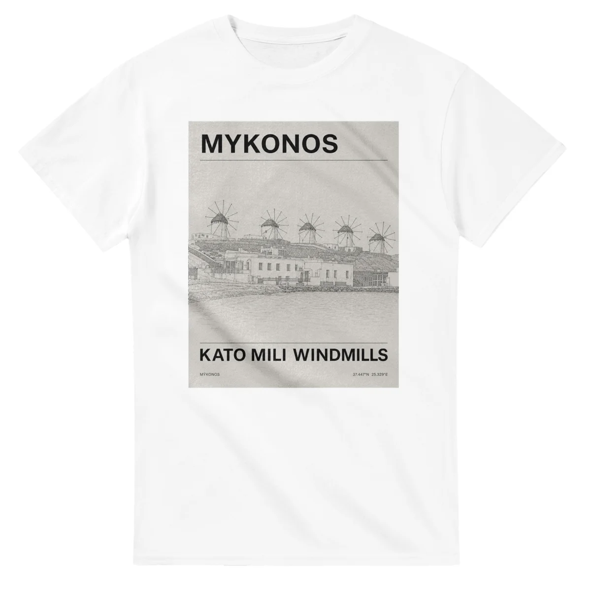 Fine-line engraving-style drawing for Mykonos, with a landmark caption and small coordinate text.