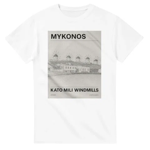 Fine-line engraving-style drawing for Mykonos, with a landmark caption and small coordinate text.