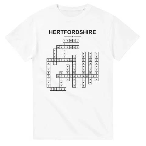 Monochrome crossword sheet for Hertfordshire, with a large place-name heading, a letter grid, and numbered across and down clues.