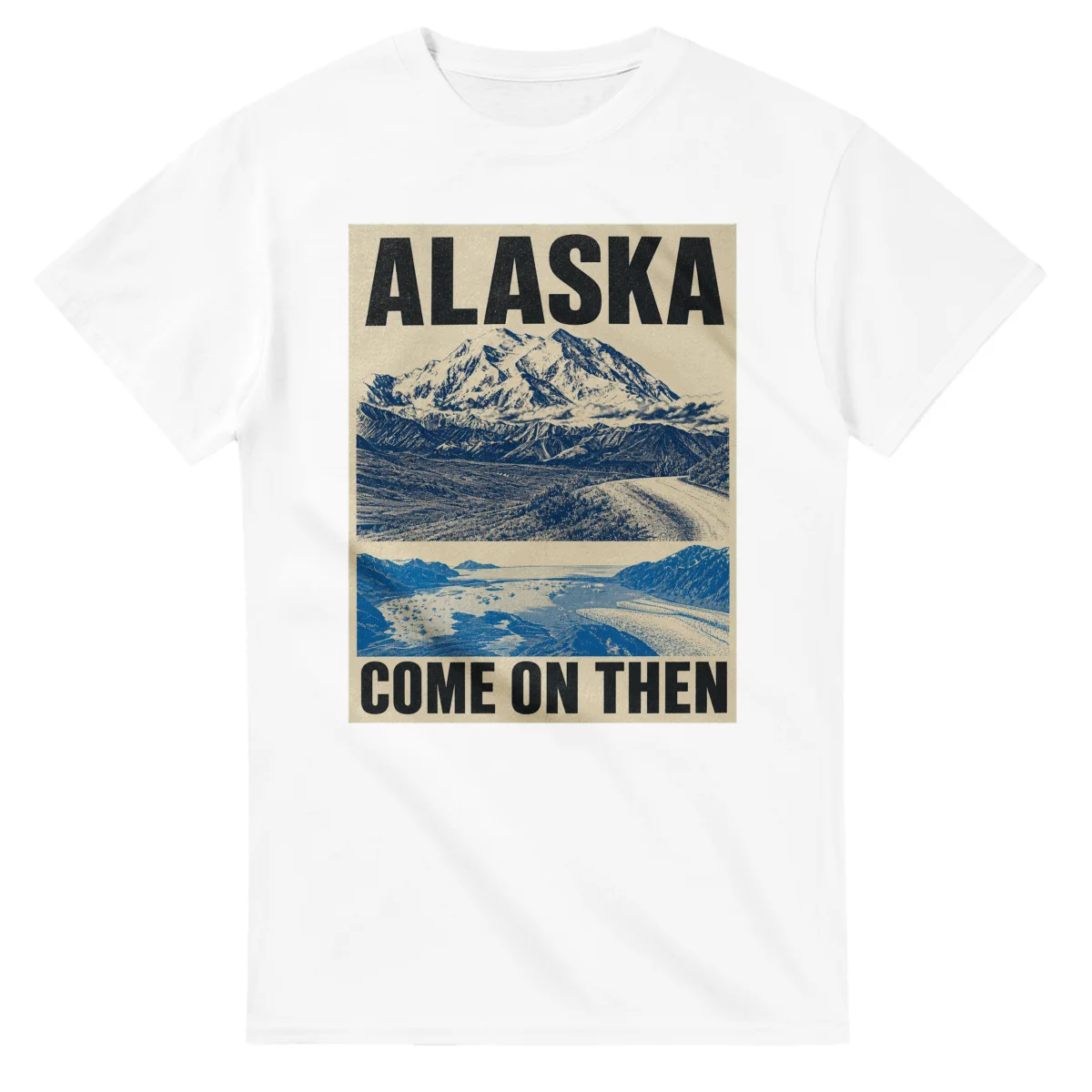 Two-colour scenic illustration for Alaska, with the place name and COME ON THEN lettering.