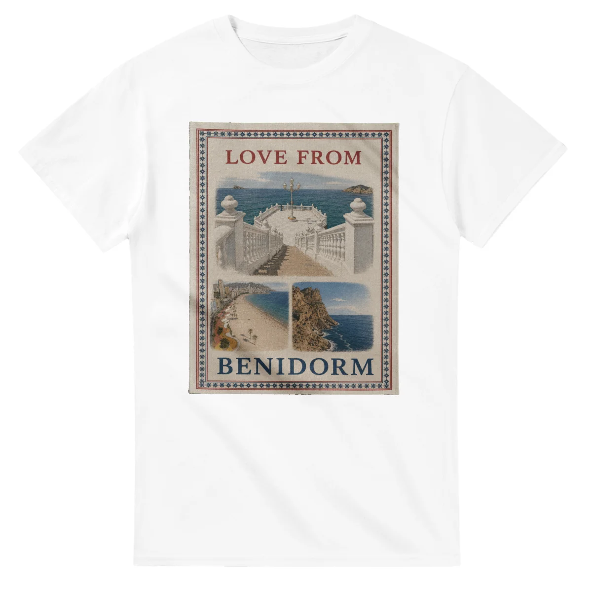 Framed scenic design for Benidorm, with several local views, a decorative border and LOVE FROM lettering.