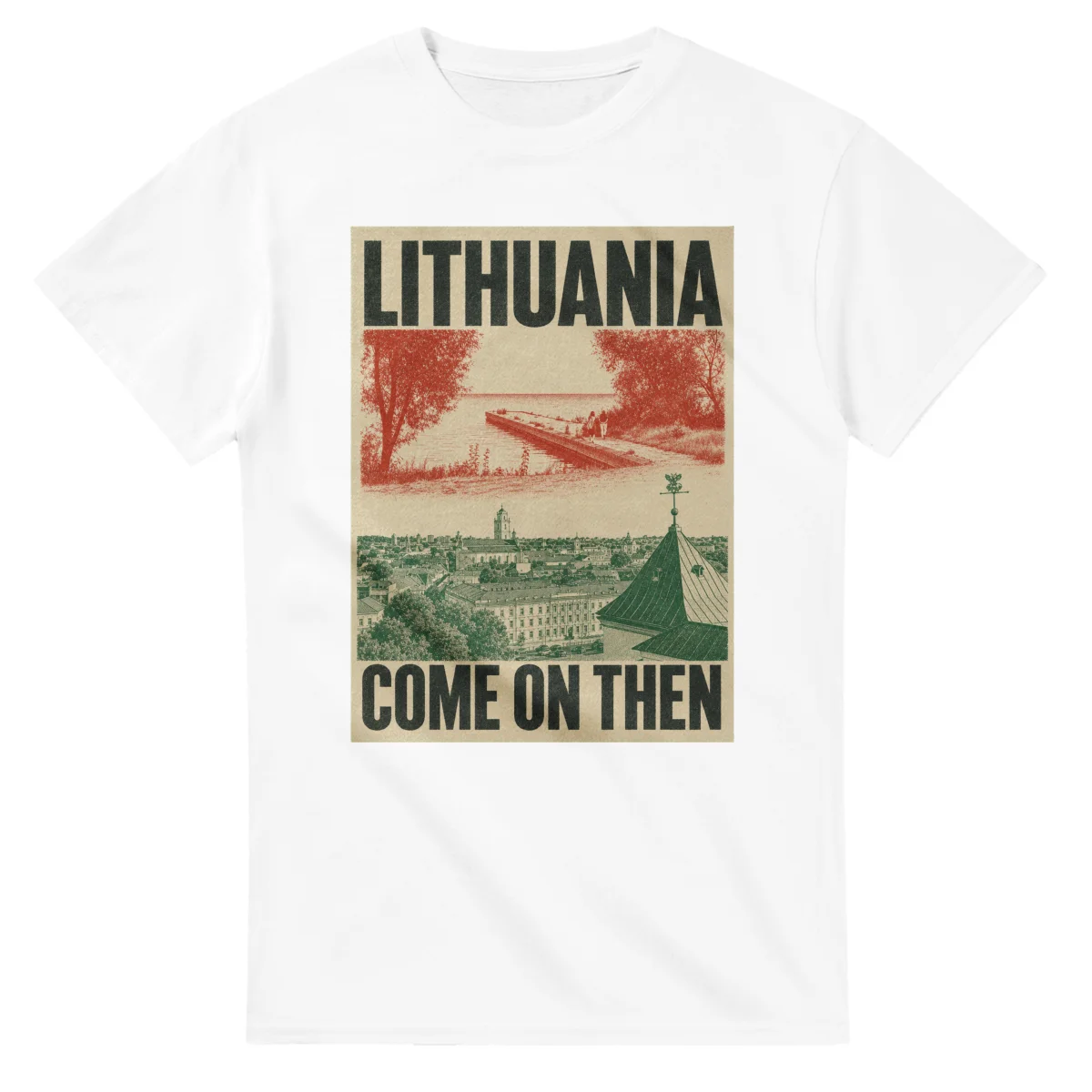 Two-colour scenic illustration for Lithuania, with the place name and COME ON THEN lettering.