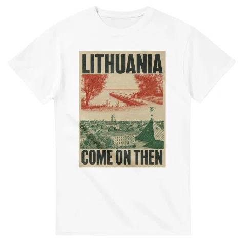 Two-colour scenic illustration for Lithuania, with the place name and COME ON THEN lettering.