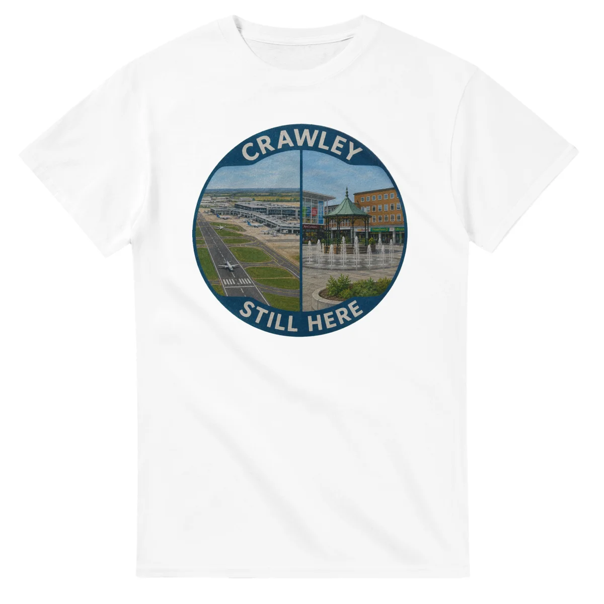 Painted, panelled scenic illustration for Crawley, with paired local scenes and the place name in lettering.