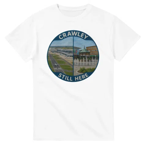 Painted, panelled scenic illustration for Crawley, with paired local scenes and the place name in lettering.