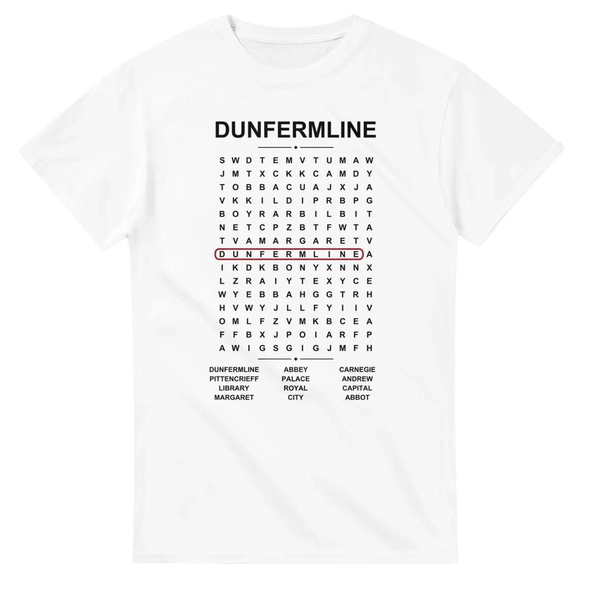 Word-search sheet for Dunfermline, with a large place-name heading, a letter grid, a local answer list, and a red highlighted example word.