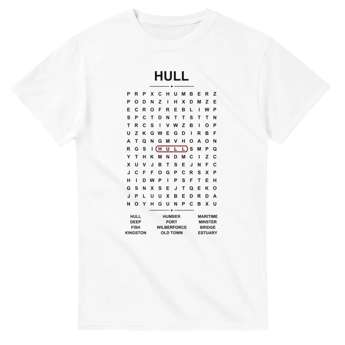 Word-search sheet for Hull, with a large place-name heading, a letter grid, a local answer list, and a red highlighted example word.