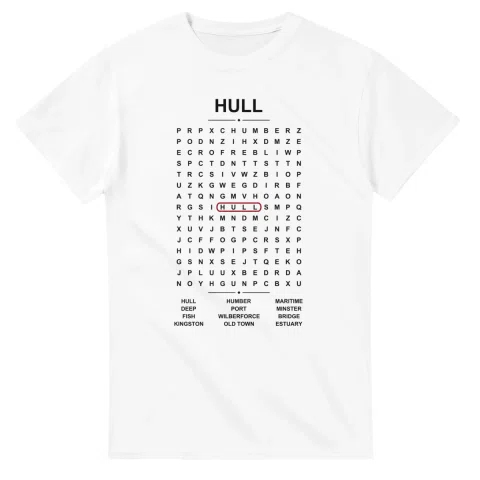 Word-search sheet for Hull, with a large place-name heading, a letter grid, a local answer list, and a red highlighted example word.