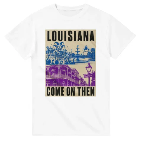 Two-colour scenic illustration for Louisiana, with the place name and COME ON THEN lettering.
