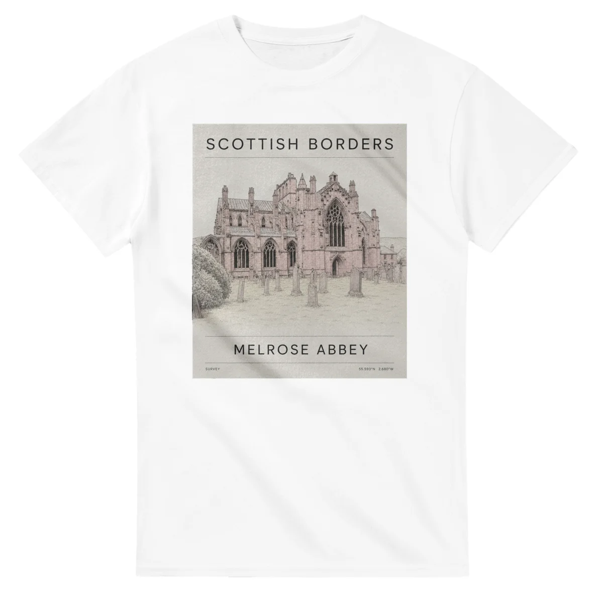 Fine-line engraving-style drawing for Scottish Borders, with a landmark caption and small coordinate text.