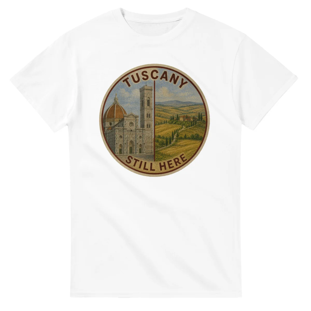 Painted, panelled scenic illustration for Tuscany, with paired local scenes and the place name in lettering.