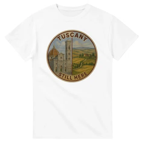 Painted, panelled scenic illustration for Tuscany, with paired local scenes and the place name in lettering.
