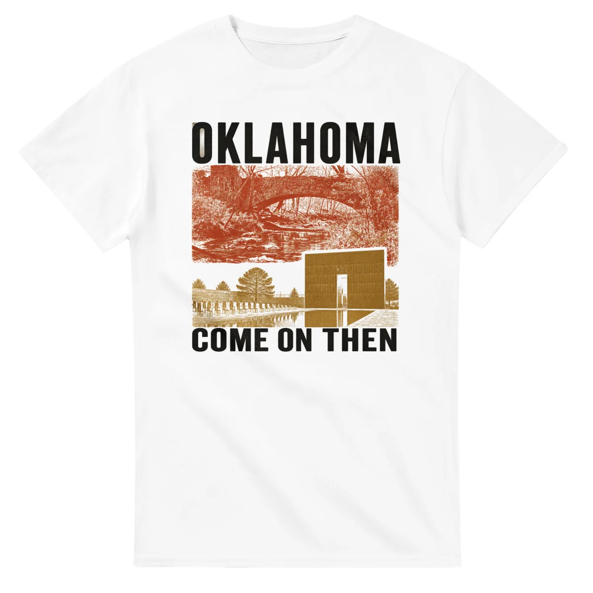 Two-colour scenic illustration for Oklahoma, with the place name and COME ON THEN lettering.