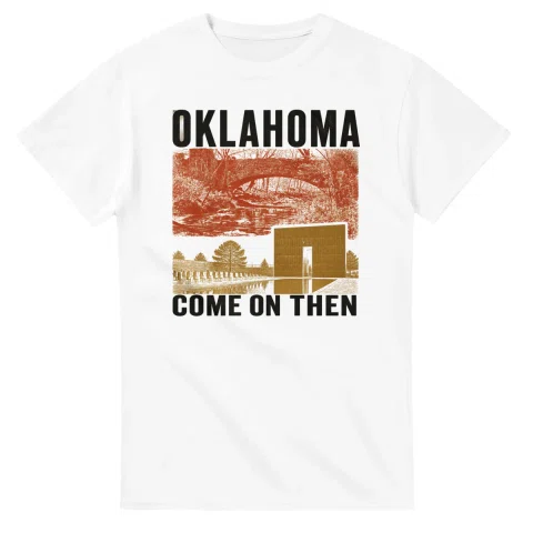 Two-colour scenic illustration for Oklahoma, with the place name and COME ON THEN lettering.