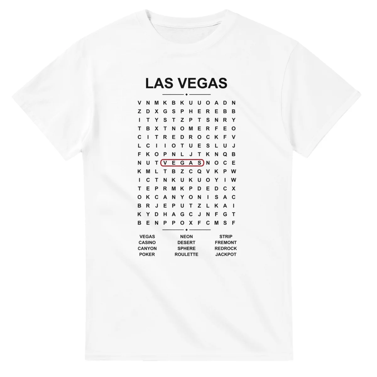 Word-search sheet for Las Vegas, with a large place-name heading, a letter grid, a local answer list, and a red highlighted example word.