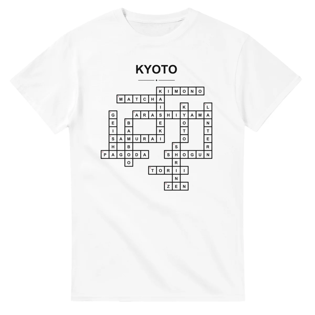 Monochrome crossword sheet for Kyoto, with a large place-name heading, a letter grid, and numbered across and down clues.