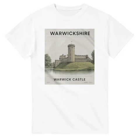 Fine-line engraving-style drawing for Warwickshire, with a landmark caption and small coordinate text.