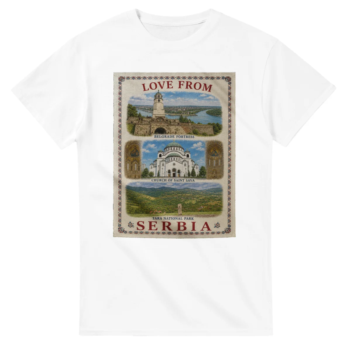 Framed scenic design for Serbia, with several local views, a decorative border and LOVE FROM lettering.